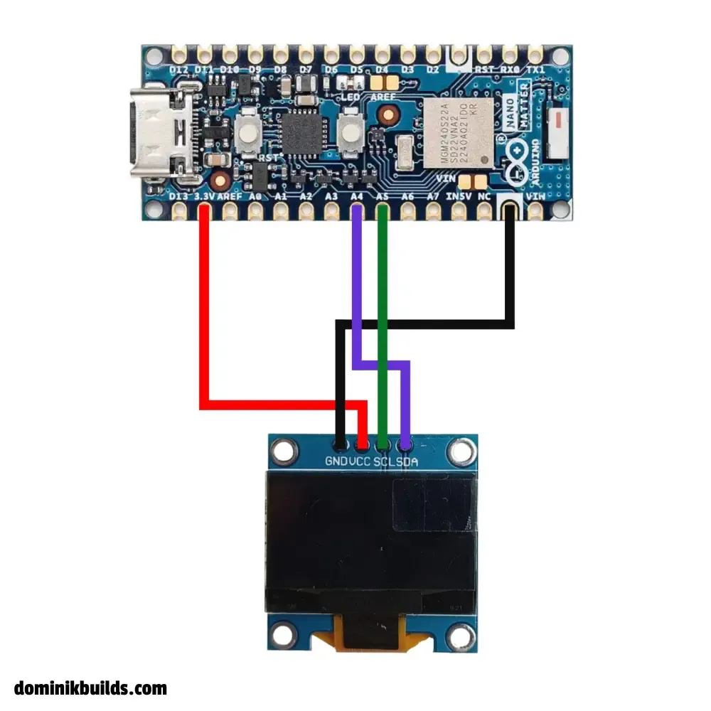 Arduino Nano to I2C OLED display wiring diagram (VCC, GND, SDA to A4, SCL to A5)
