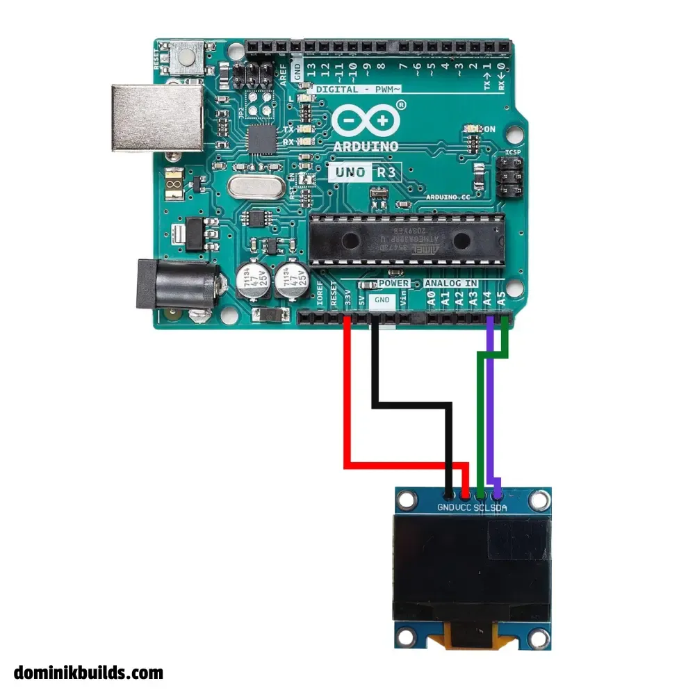 Arduino Uno to I2C OLED display wiring diagram (VCC, GND, SDA to A4, SCL to A5)